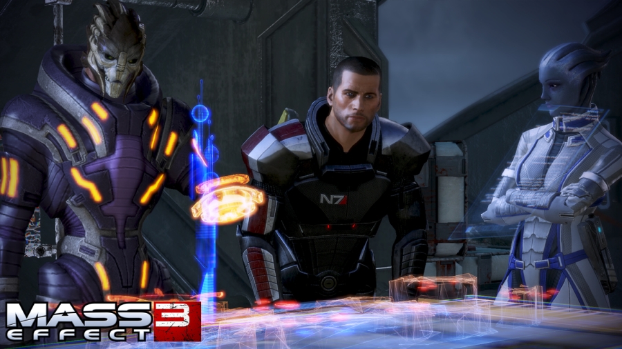 Garrus, Shepard and Liara, characters from the Mass Effect series.