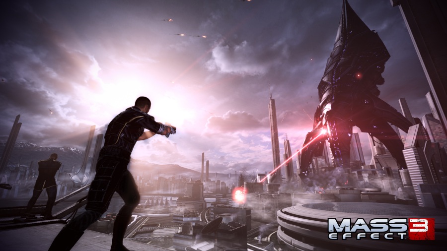 Shepard standing in a city as a massive Reaper causes destruction in the background.